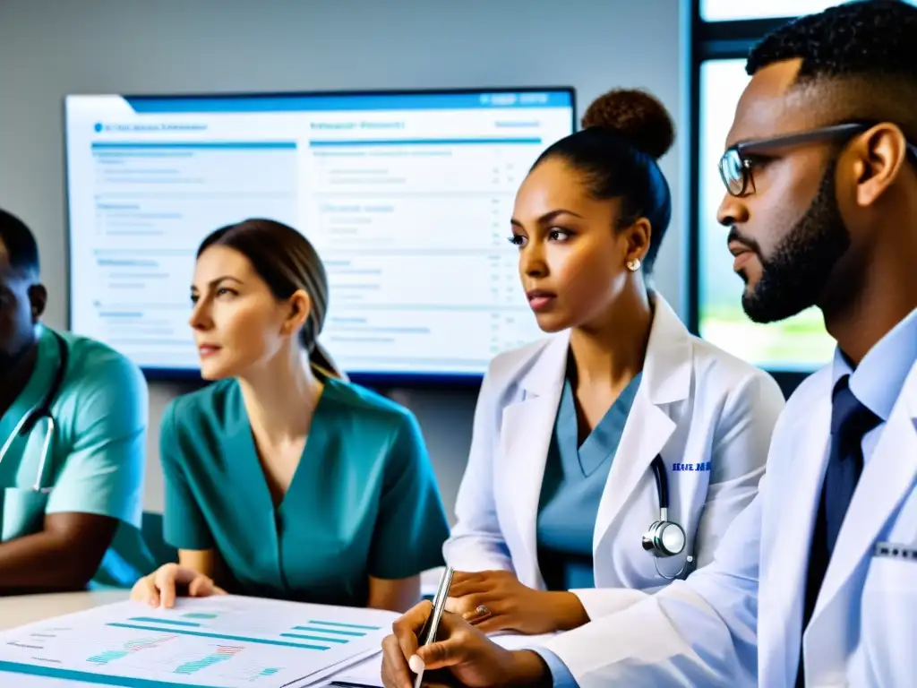 Equipo médico diverso colaborando en tratamientos de alergia Un equipo diverso de profesionales de la salud discute planes de tratamiento y costos para el manejo de alergias, resaltando la importancia de un enfoque integral y coordinado para el mejor plan de salud alergias