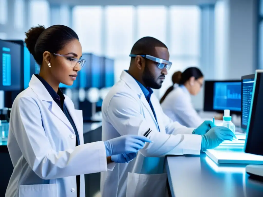 Profesionales de la salud realizando pruebas inmunológicas Un equipo diverso de profesionales de la salud realiza pruebas inmunológicas en un laboratorio moderno, transmitiendo precisión y confianza