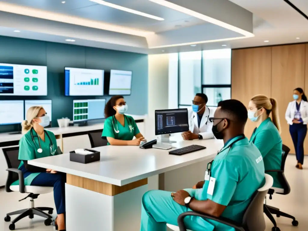 Un equipo diverso de proveedores de atención médica colaborando en una moderna oficina médica