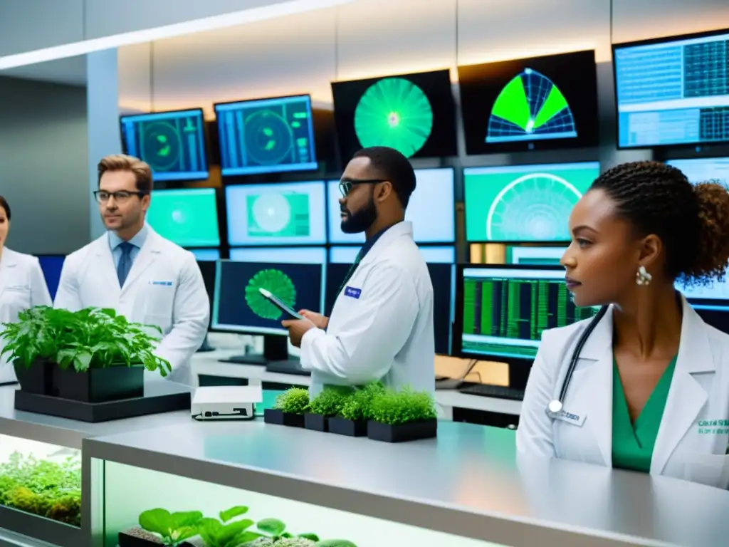 Investigadores inmunológicos analizan datos en laboratorio de vanguardia Un equipo de inmunólogos diversos analiza datos en un laboratorio de vanguardia, debatiendo un caso médico complejo con enfoque