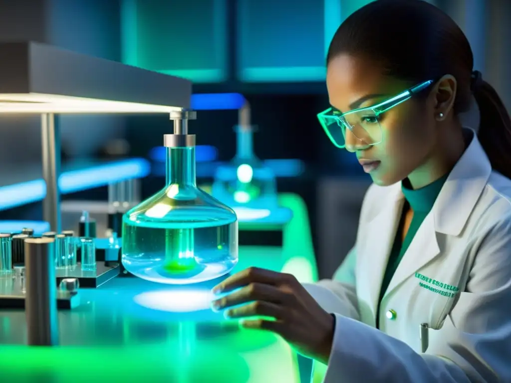 Equipo de investigadores analizando dispositivo futurista en laboratorio Equipo de investigadores enfocados en inmunomodulación en enfermedades autoinmunes, rodea dispositivo futurista con líquido azul y verde brillante