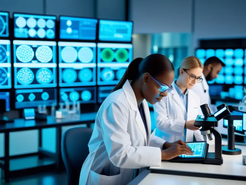 Equipo de investigadores en un laboratorio moderno analizando beneficios de cepas probióticas en enfermedades inmunológicas