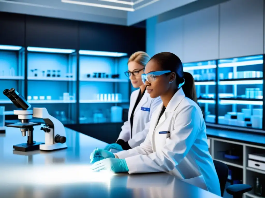 Equipo de investigadores en laboratorio de genética de vanguardia Equipo de investigación en laboratorio moderno mejora sistema inmunológico con estudio genético y tecnología avanzada
