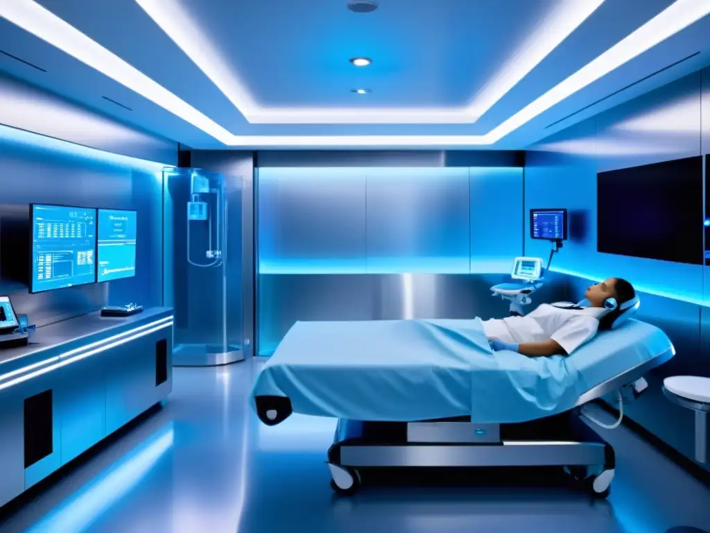 Avanzada inmunoterapia en instalación médica futurista Un equipo médico en una instalación futurista con tecnología avanzada, brindando cobertura terapias refuerzo inmunológico seguro salud
