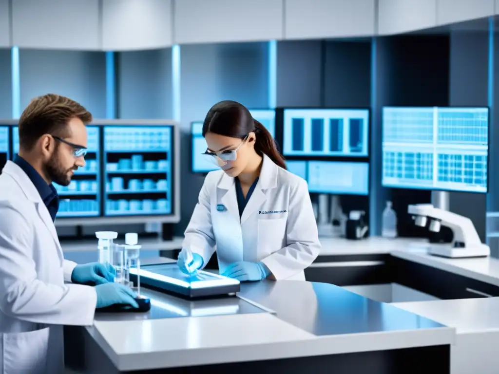 Equipo médico de vanguardia realizando pruebas inmunológicas Un equipo de profesionales realiza pruebas inmunológicas en un laboratorio moderno