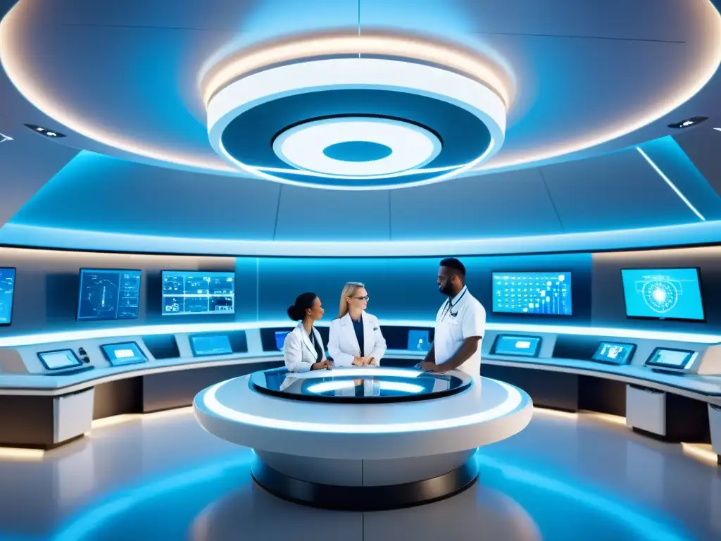 Instalaciones médicas futuristas: Inmunoterapia de vanguardia Un equipo de profesionales de la salud colabora en una instalación médica futurista con tecnología avanzada para terapias de refuerzo inmunológico