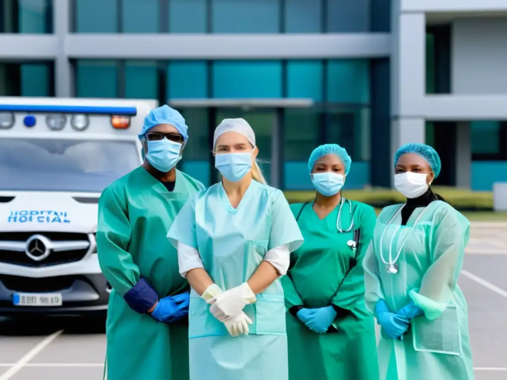 Héroes de la salud listos para combatir COVID-19 Equipo de salud diverso en protección completa frente a hospital