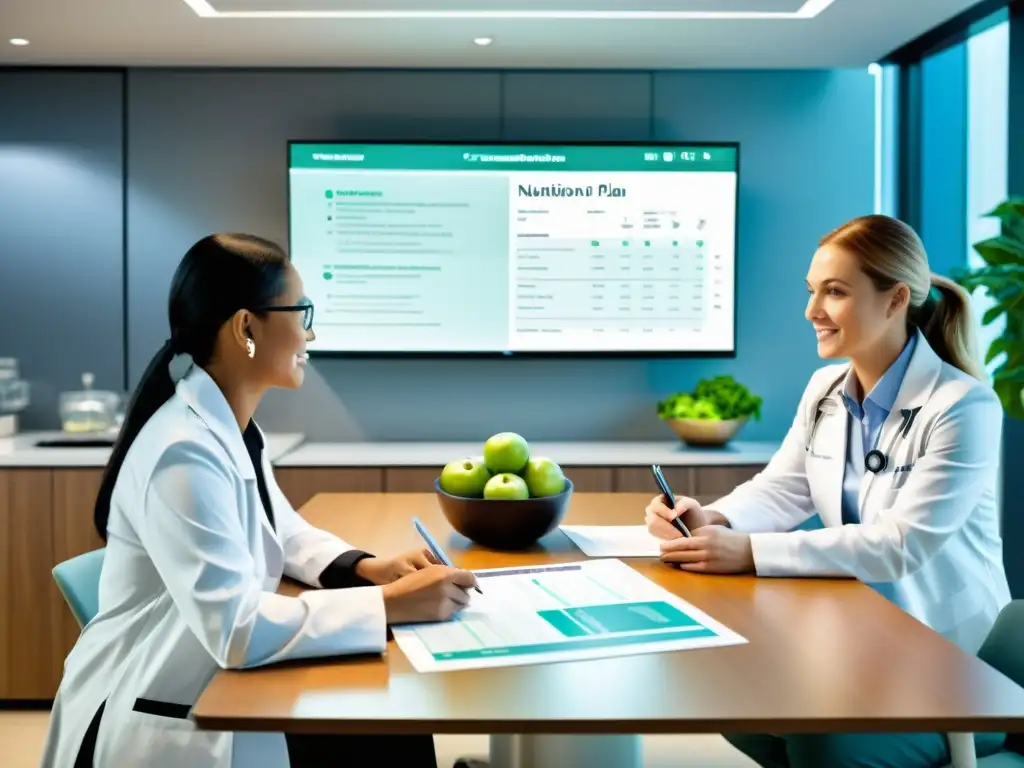 Equipo de salud y paciente con inmunodeficiencia colaboran en plan de nutrición personalizada para inmunodeficiencias en consulta moderna y luminosa