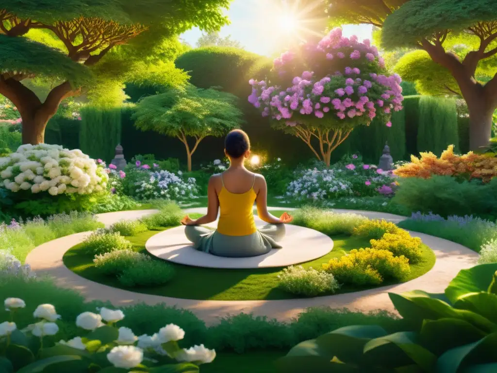 Jardín de meditación serena: 8k imagen Una escena de jardín de meditación con flores vibrantes y una persona en profunda meditación, rodeada de luz dorada