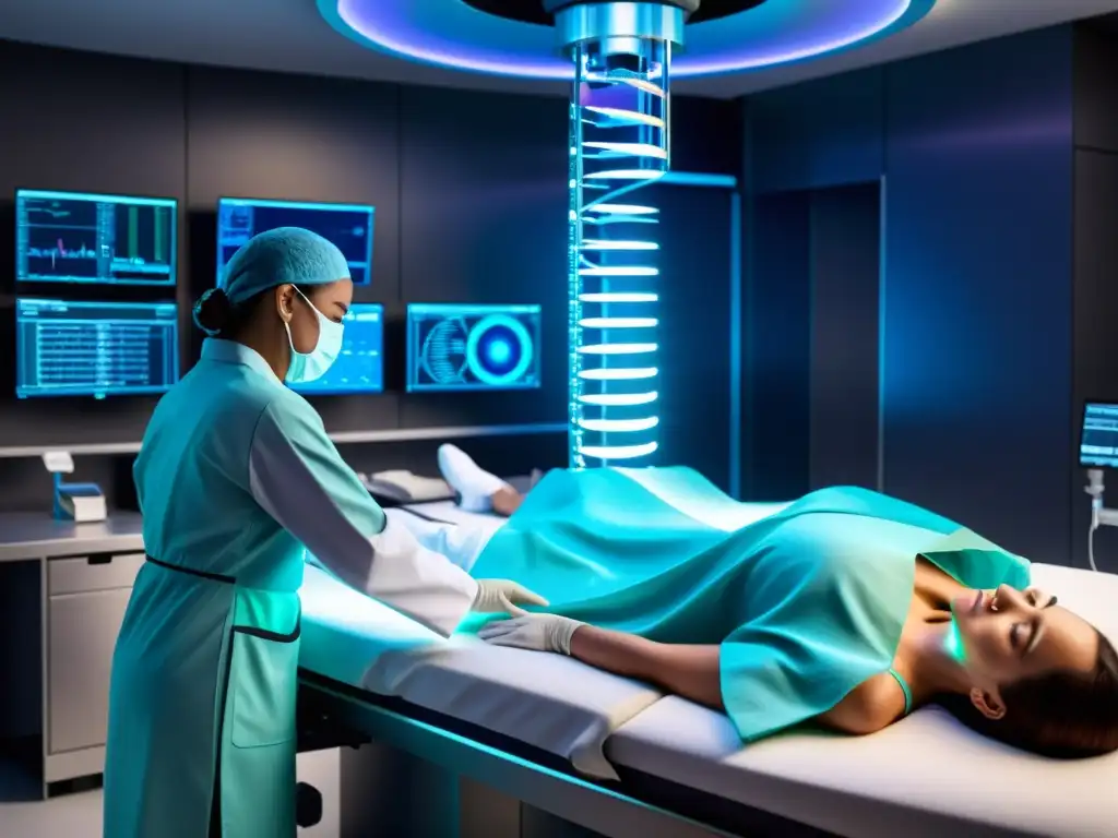 Terapia génica personalizada: Futurista tratamiento inmune 3D Una escena futurista de terapia génica personalizada para el sistema inmunológico
