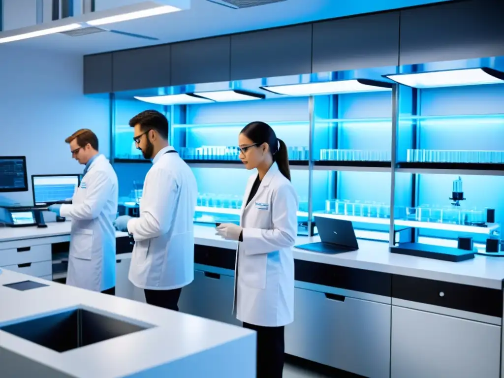 Avanzada biotecnología en laboratorio: científicos trabajando en vacunas Escena de laboratorio con científicos en batas blancas y equipo de biotecnología de vanguardia