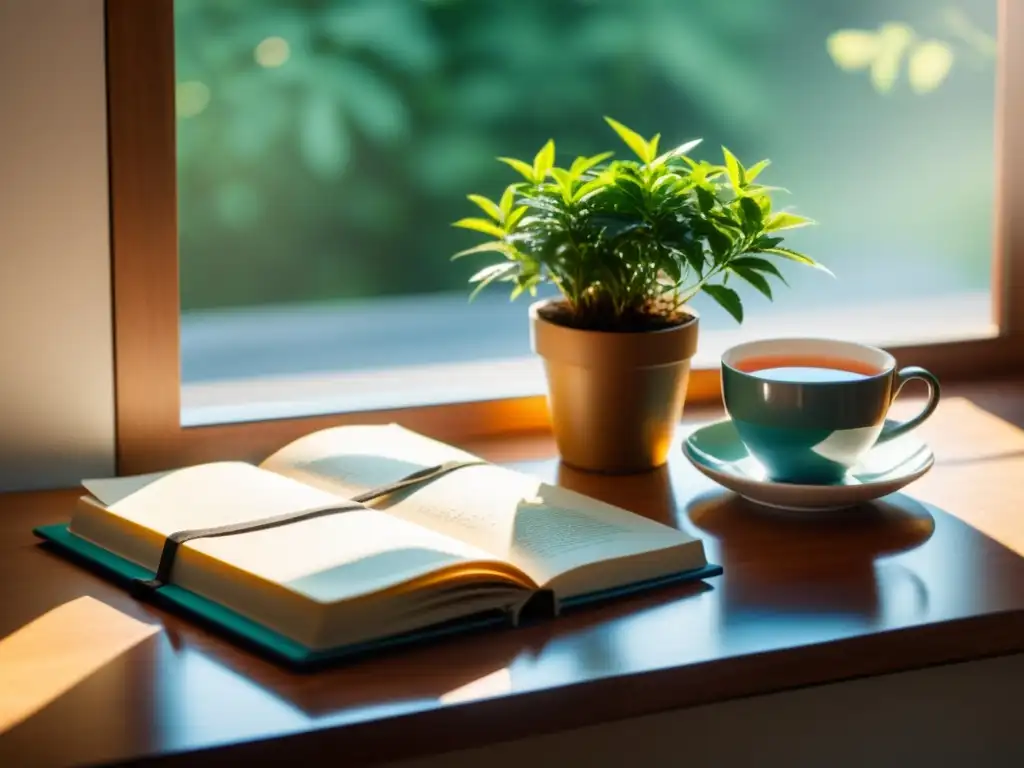 Escena matutina tranquila con luz suave iluminando un escritorio organizado con taza de té, diario, planta y guía de meditación