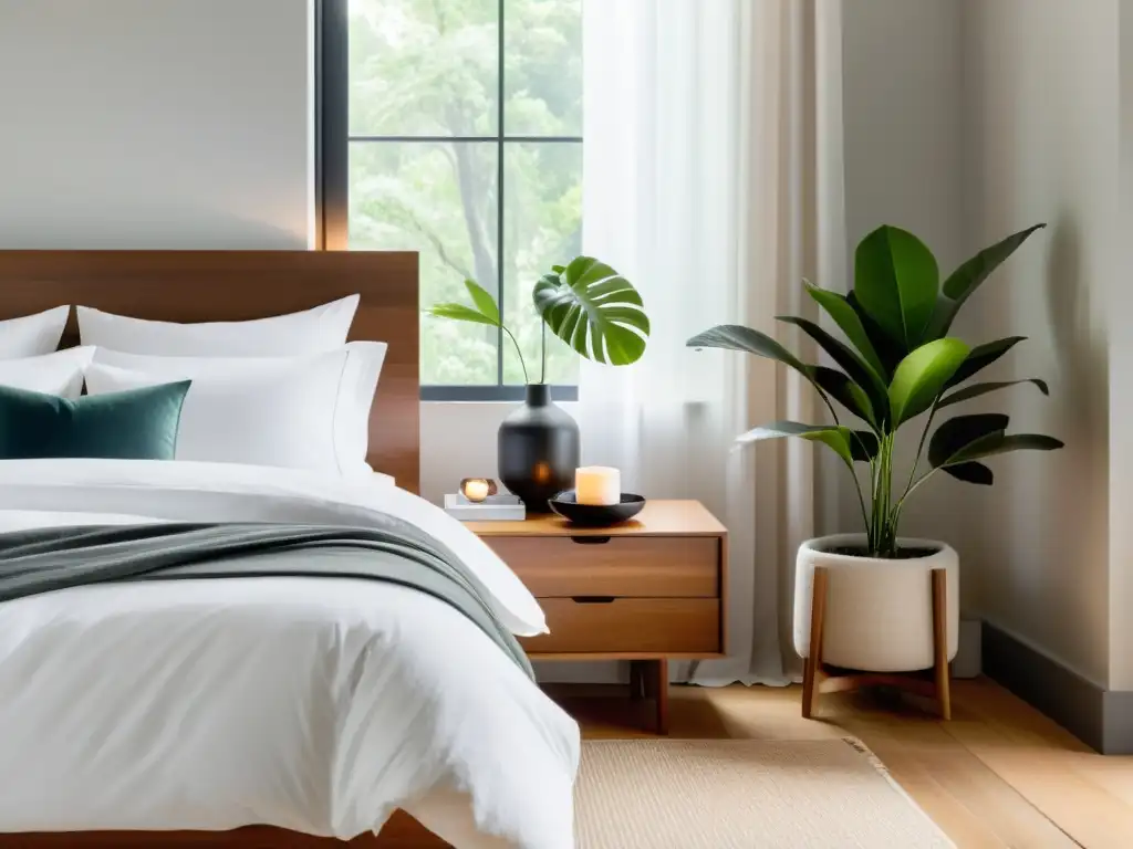 Dormitorio moderno y sereno con cama confortable y luz natural Escena serena de dormitorio moderno, invitando a priorizar el descanso y la inmunidad