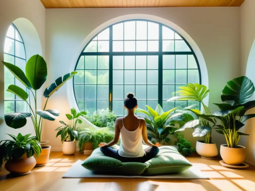 Una escena tranquila y serena de meditación matutina, con luz solar suave, plantas verdes y una postura que irradia calma