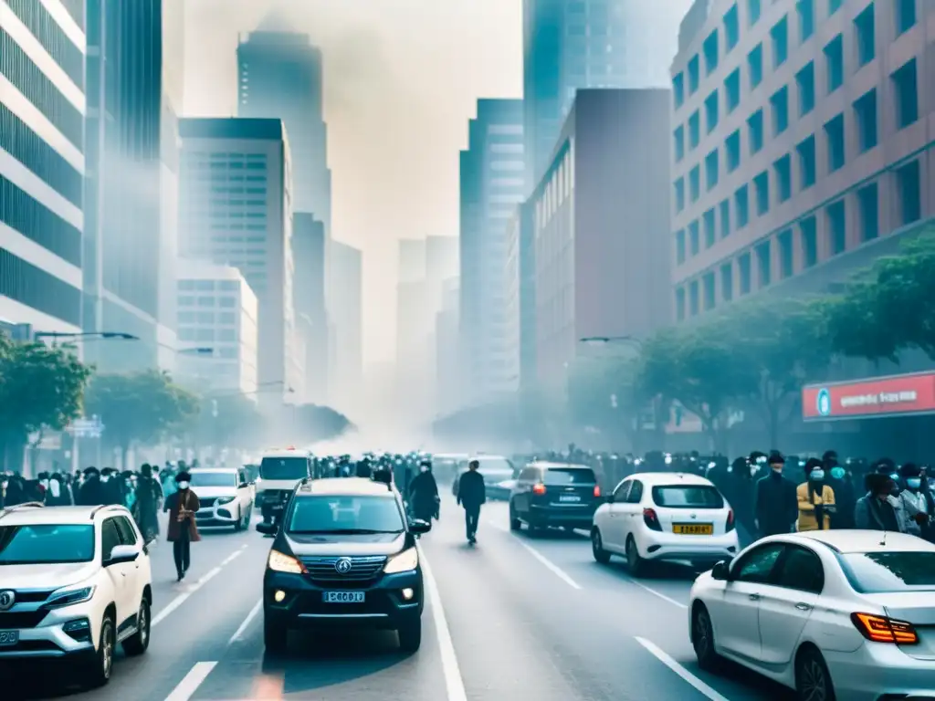 Caos urbano: impacto de la contaminación vehicular Escena urbana con tráfico denso y smog, mostrando impacto de la contaminación vehicular en la salud y el sistema inmunológico