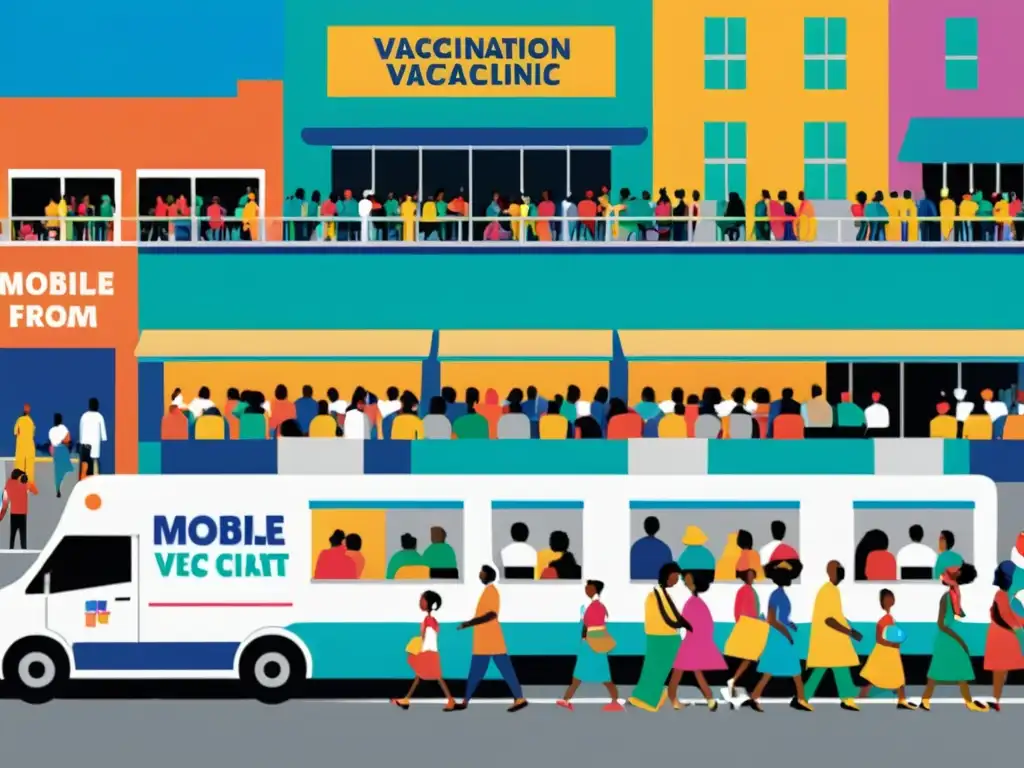 Vacunación comunitaria: Esperanza y progreso en la calle Una escena vibrante de una calle de la ciudad con una larga fila de personas esperando recibir vacunas de una clínica móvil