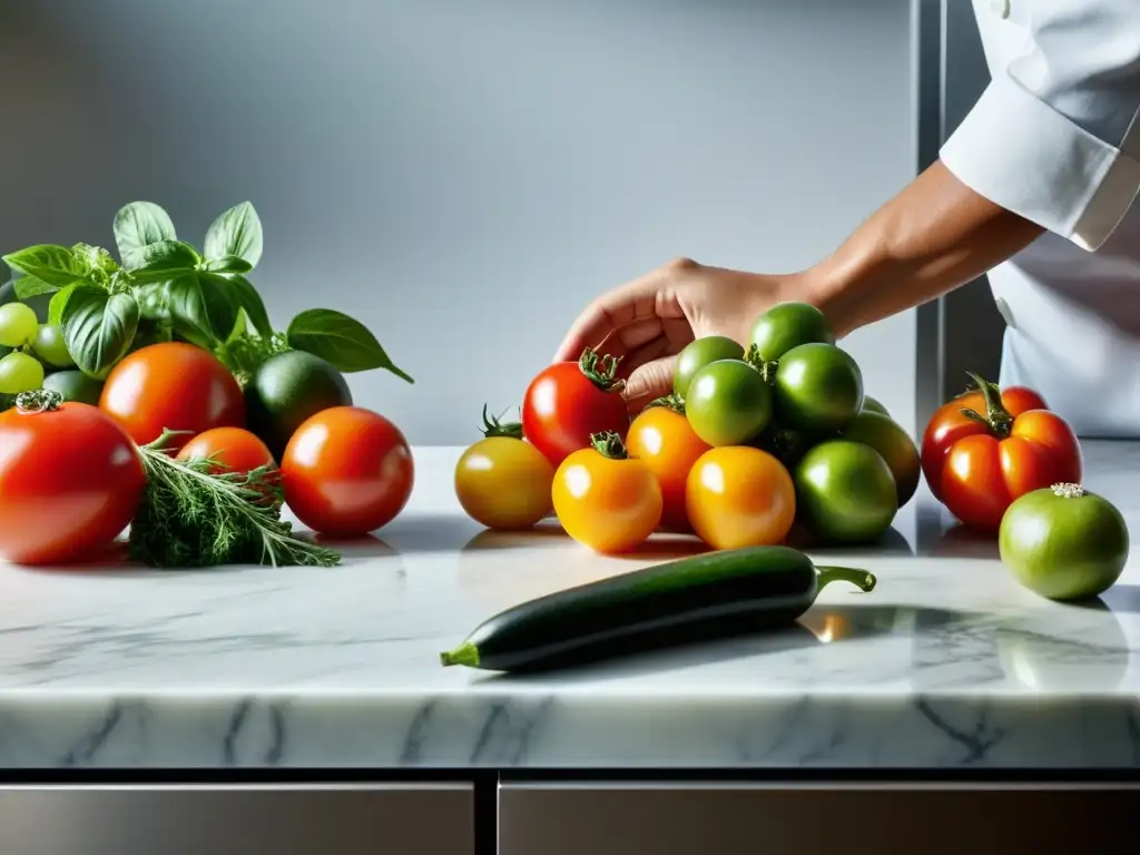 Cocina vibrante con ingredientes frescos y coloridos Una escena vibrante de cocina con ingredientes frescos y coloridos en una encimera de mármol