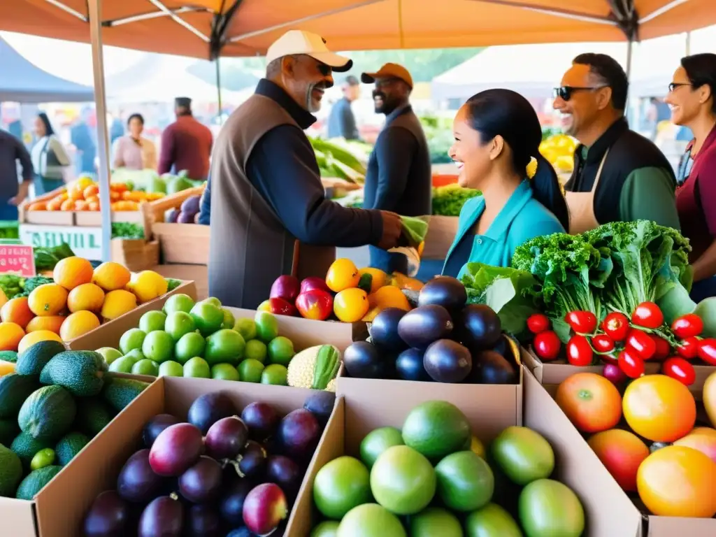 Mercado saludable: Diversidad, vitalidad y comunidad Una escena vibrante y diversa en un mercado, con frutas y verduras coloridas