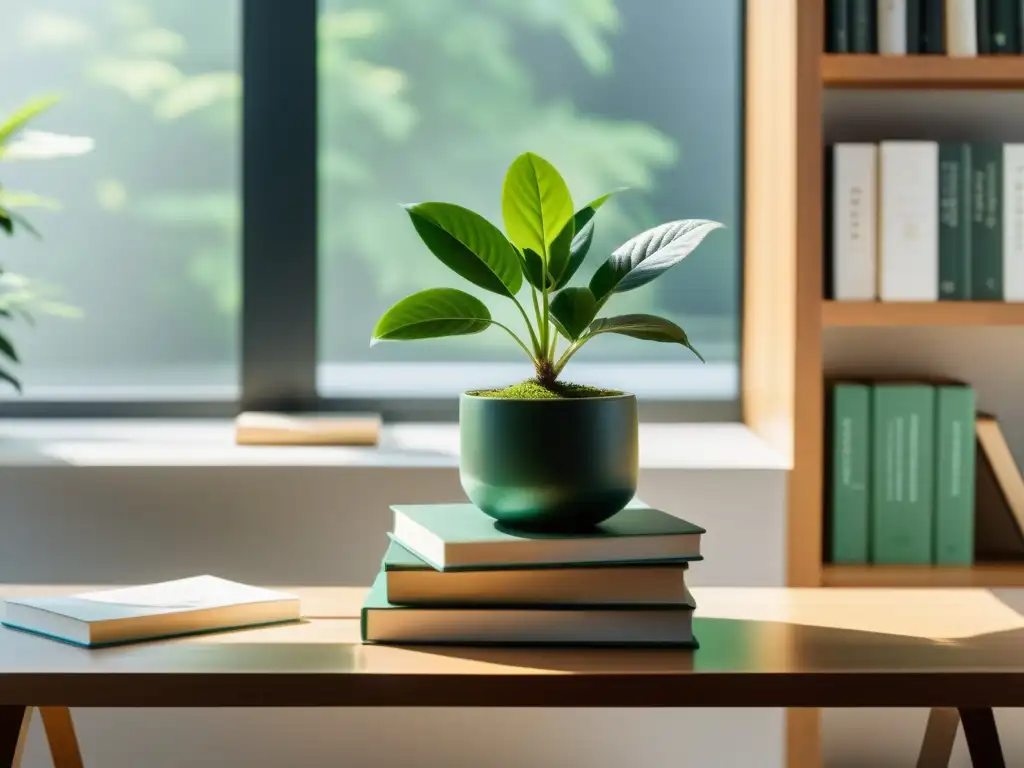 Escritorio sereno con plantas y libros Escritorio minimalista con planta verde, ventana iluminada y libros sobre técnicas para fortalecer el sistema inmunológico y manejar el estrés