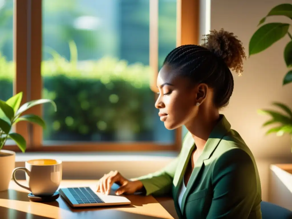 Espacio de trabajo sereno y enfocado con mindfulness Un escritorio moderno con una computadora elegante, una planta en maceta y una taza de té verde
