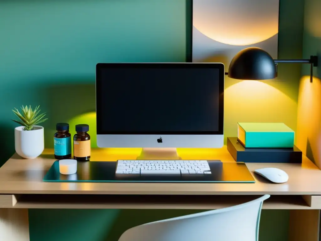 Escritorio moderno con suplementos coloridos Escritorio moderno con suplementos coloridos organizados, ideal para refuerzo inmunitario de estudiantes en época de exámenes
