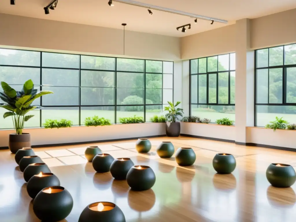 Sesión de meditación en aula moderna con vista a naturaleza Espacio de clase moderno y tranquilo con vista a la naturaleza