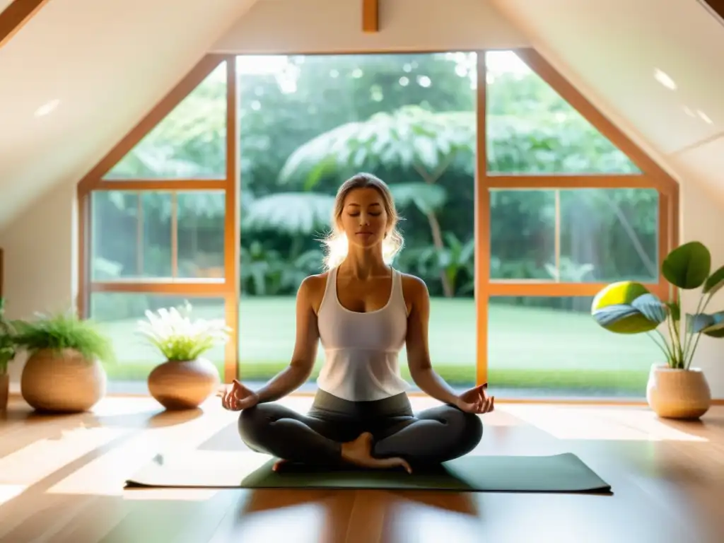 Serena meditación en el moderno dormitorio con vista al jardín Espacio de meditación en dormitorio moderno con vista a jardín