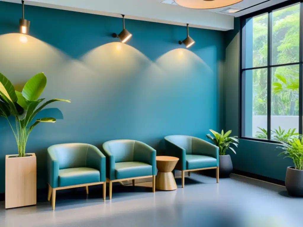 Sala de espera moderna y tranquila con luz natural y plantas Espacio de espera moderno con luz natural, mobiliario minimalista y toques de calma en tonos azules y verdes