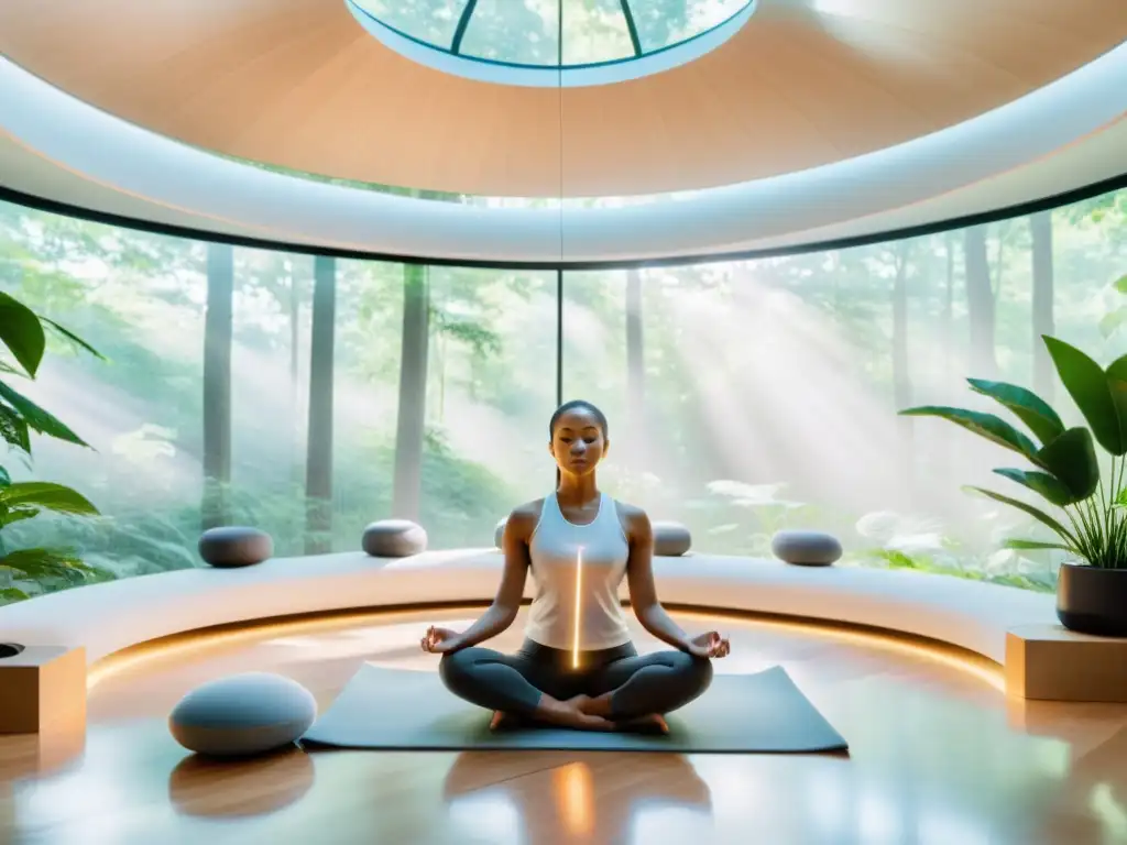 Sala de meditación futurista con tecnología de vanguardia Espacio de meditación futurista con tecnología avanzada y vistas a un bosque, para aplicaciones de meditación y ciencia