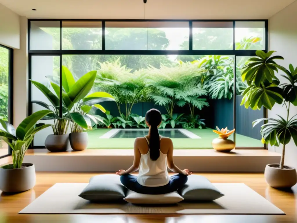 Salón de meditación sereno con vista al jardín Espacio de meditación en hogar moderno con vista a jardín