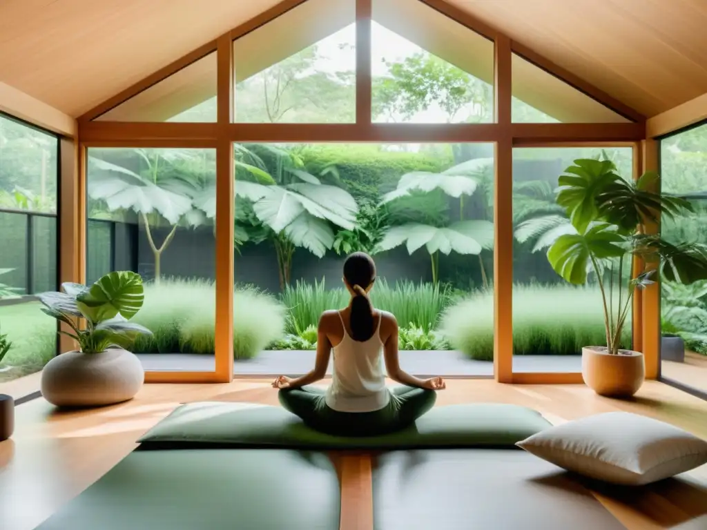 Sala de meditación minimalista con vista a jardín Espacio de meditación moderno con efectos de la meditación en el sistema inmunológico