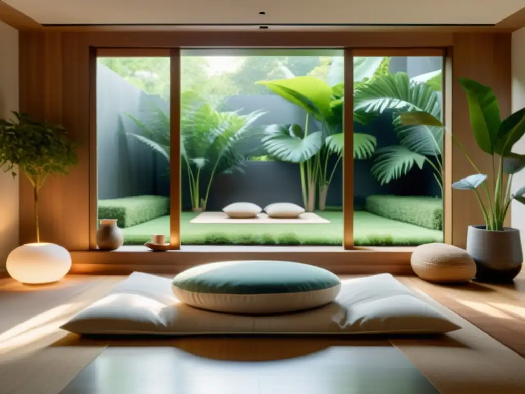 Sala de meditación moderna con vista a un jardín exuberante Espacio de meditación moderno con luz natural y app de equilibrio cuerpo mente