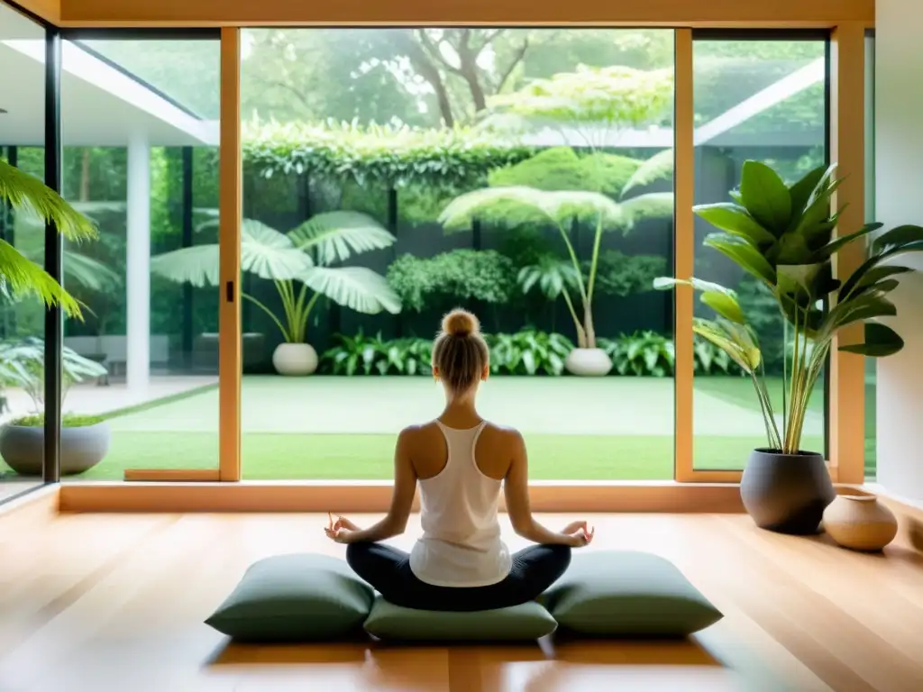 Espacio de meditación moderno con luz natural y beneficios de la meditación en el sistema inmunológico