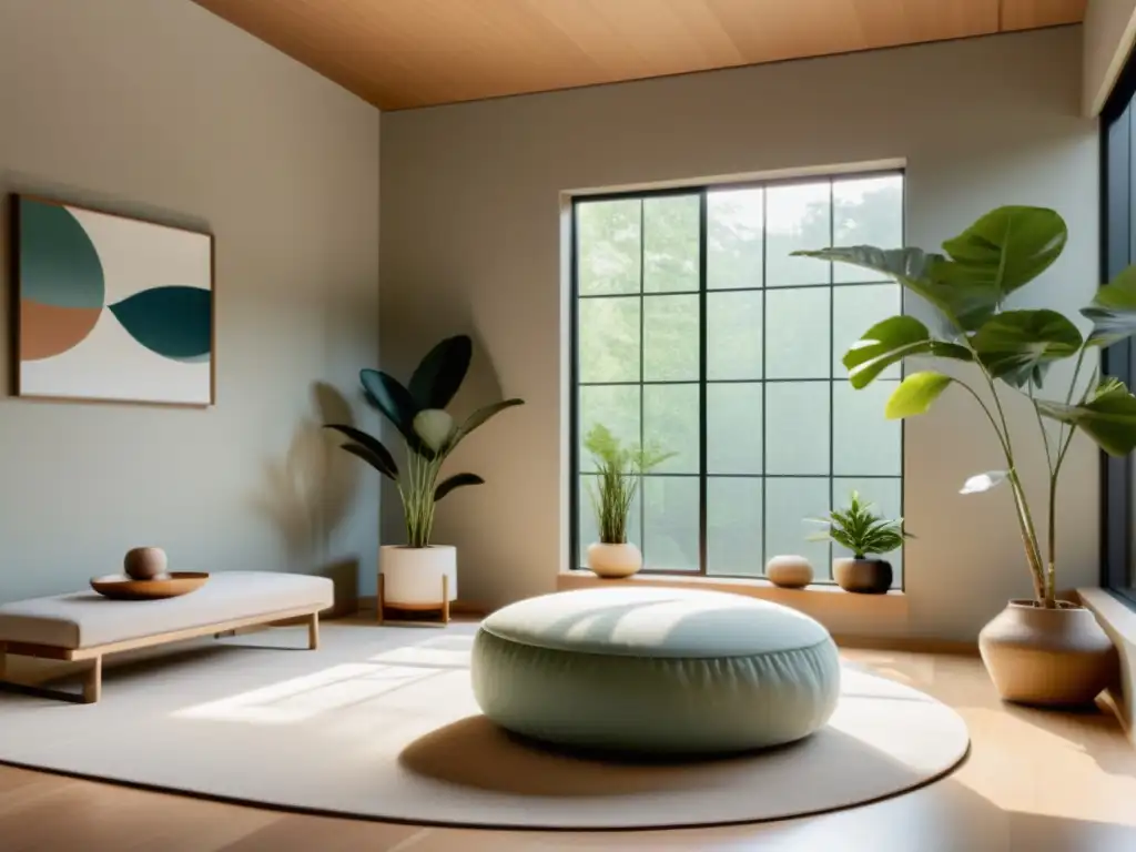 Espacio de meditación moderno con luz natural y atmósfera tranquila para técnicas de mindfullness y fortalecer el sistema inmunológico