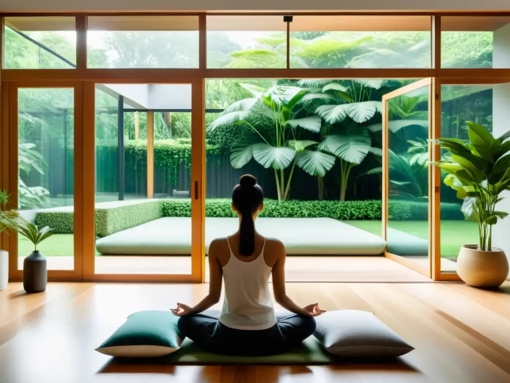 Salón moderno en armonía: meditación y naturaleza Espacio de meditación moderno con conexión a la naturaleza para aplicaciones de meditación y ciencia