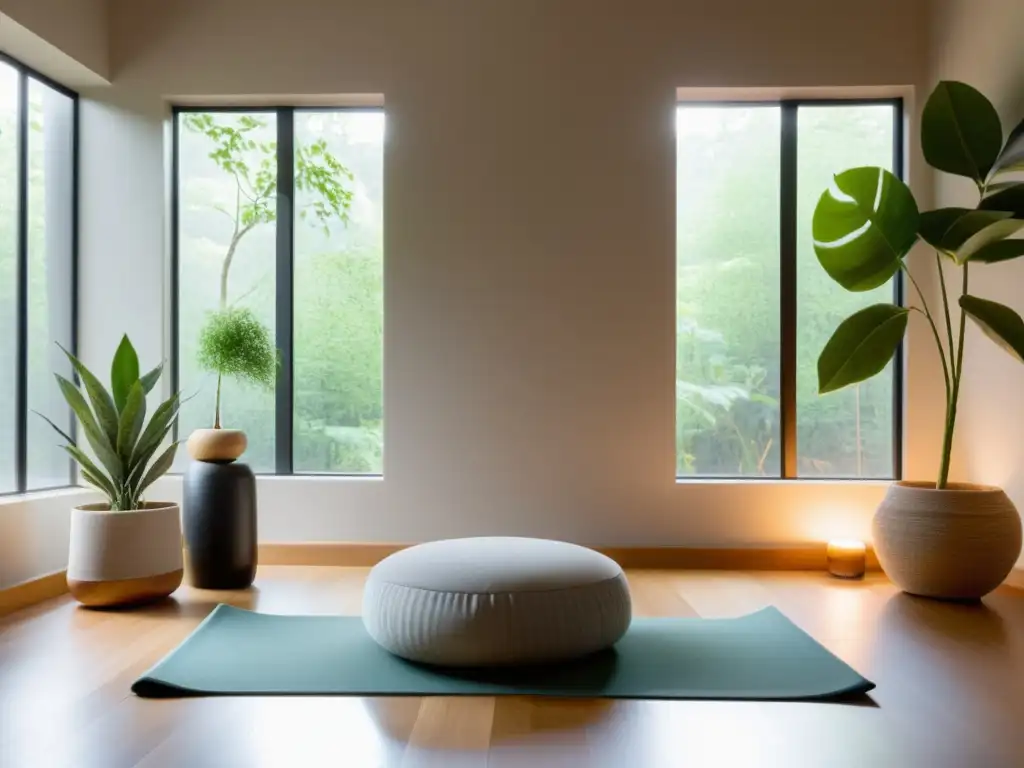 Sala de meditación serena para aliviar el dolor crónico Un espacio de meditación moderno y sereno, con luz natural y elementos para la práctica