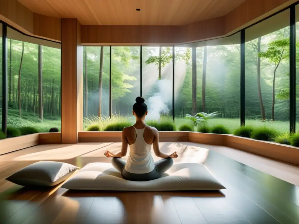 Serenidad en el bosque: espacio minimalista para meditar Espacio de meditación moderno y sereno con vista a un bosque