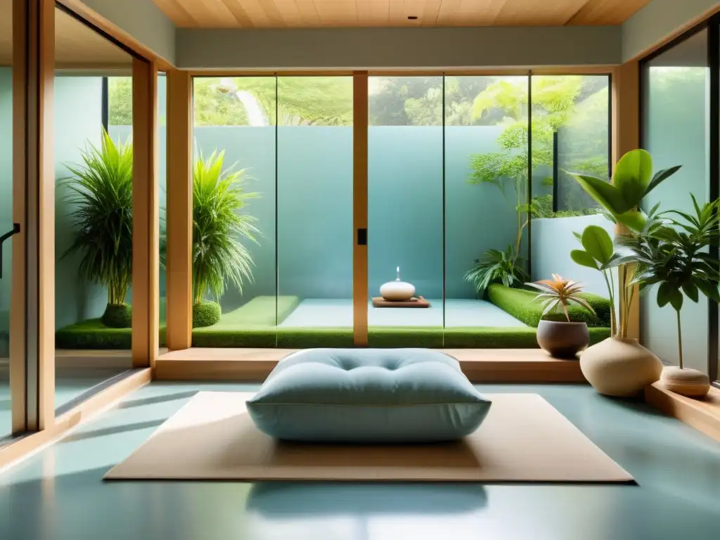 Serenidad en la sala de meditación Espacio de meditación moderno y sereno con vista a un jardín exuberante