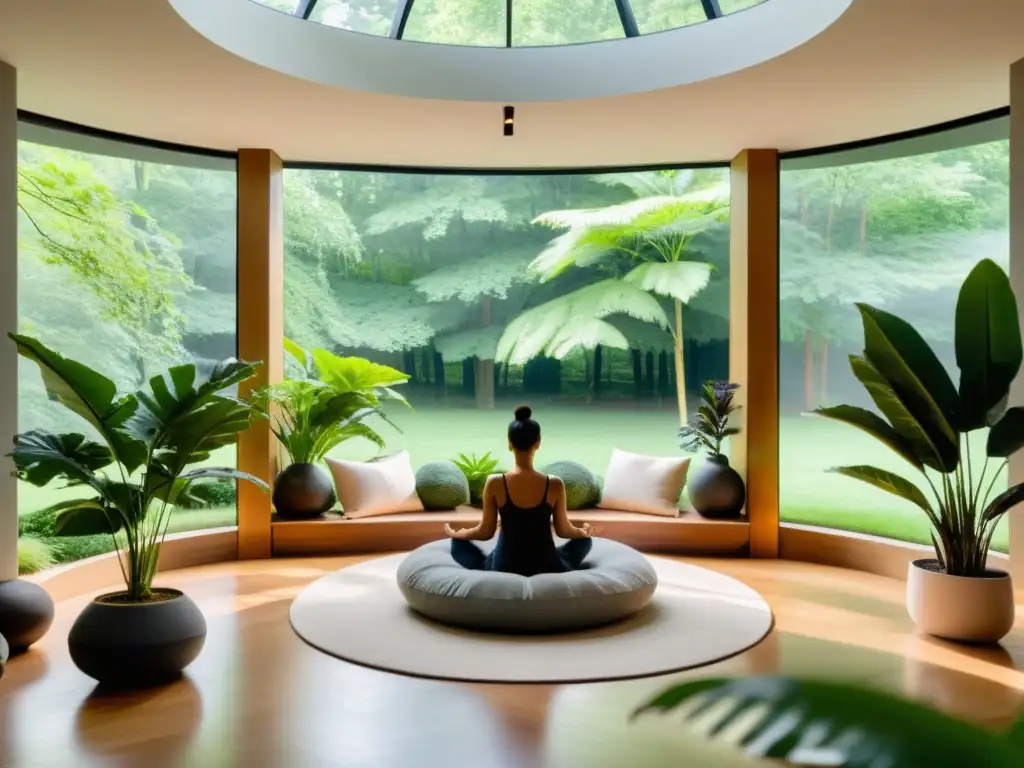 Espacio de meditación moderno y sereno en el bosque Un espacio de meditación moderno y sereno con vista a un bosque verde