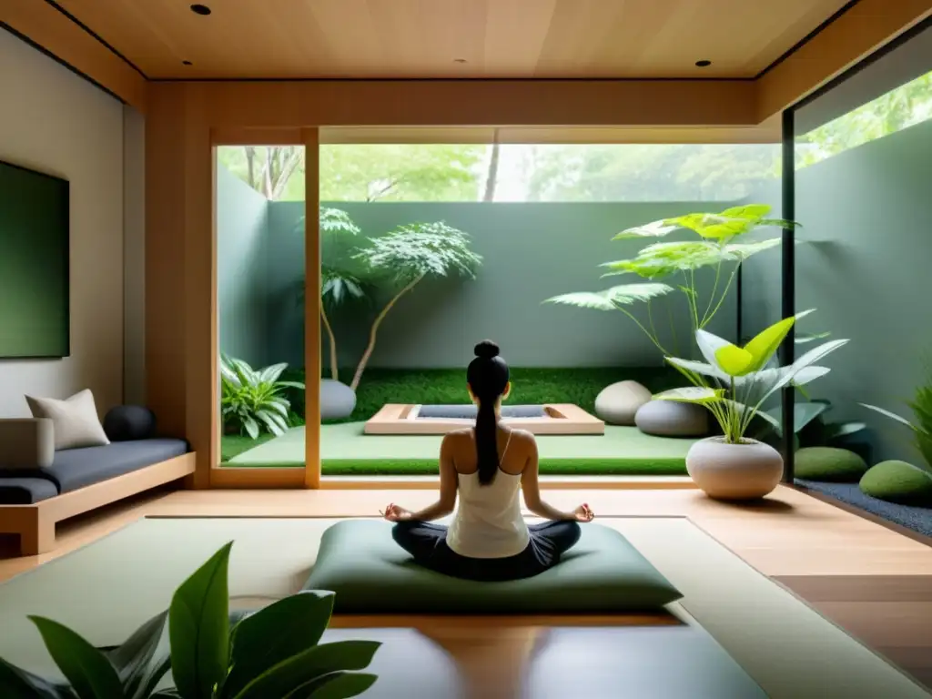 Sala de meditación minimalista con vistas al jardín Espacio de meditación moderno y sereno con vista a un exuberante jardín