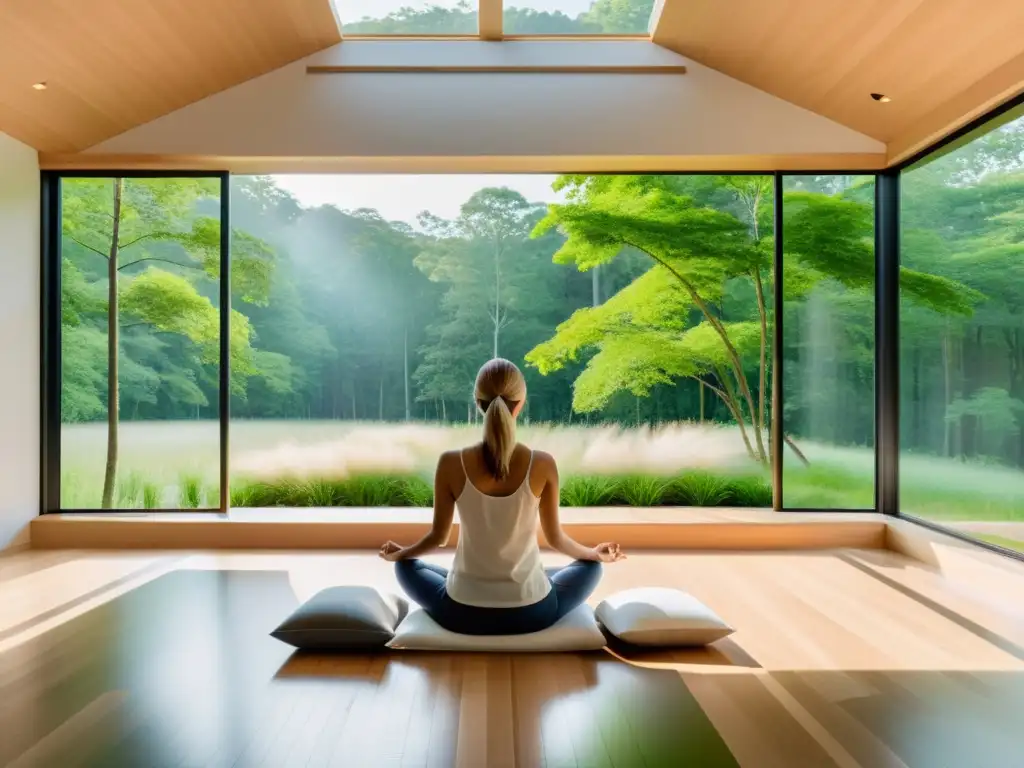 Espacio de meditación minimalista con vista a la naturaleza Espacio de meditación moderno y sereno con vista a un bosque