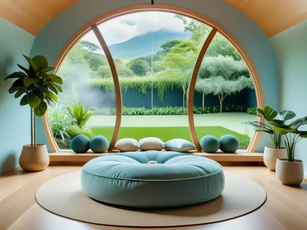 Sala de meditación serena con vista a la naturaleza Un espacio de meditación moderno y sereno con vista a un paisaje verde