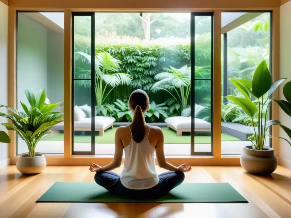 Un espacio de meditación moderno con vista a un jardín