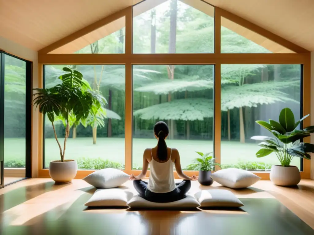 Espacio de meditación moderno con vista a un bosque, bañado por luz natural
