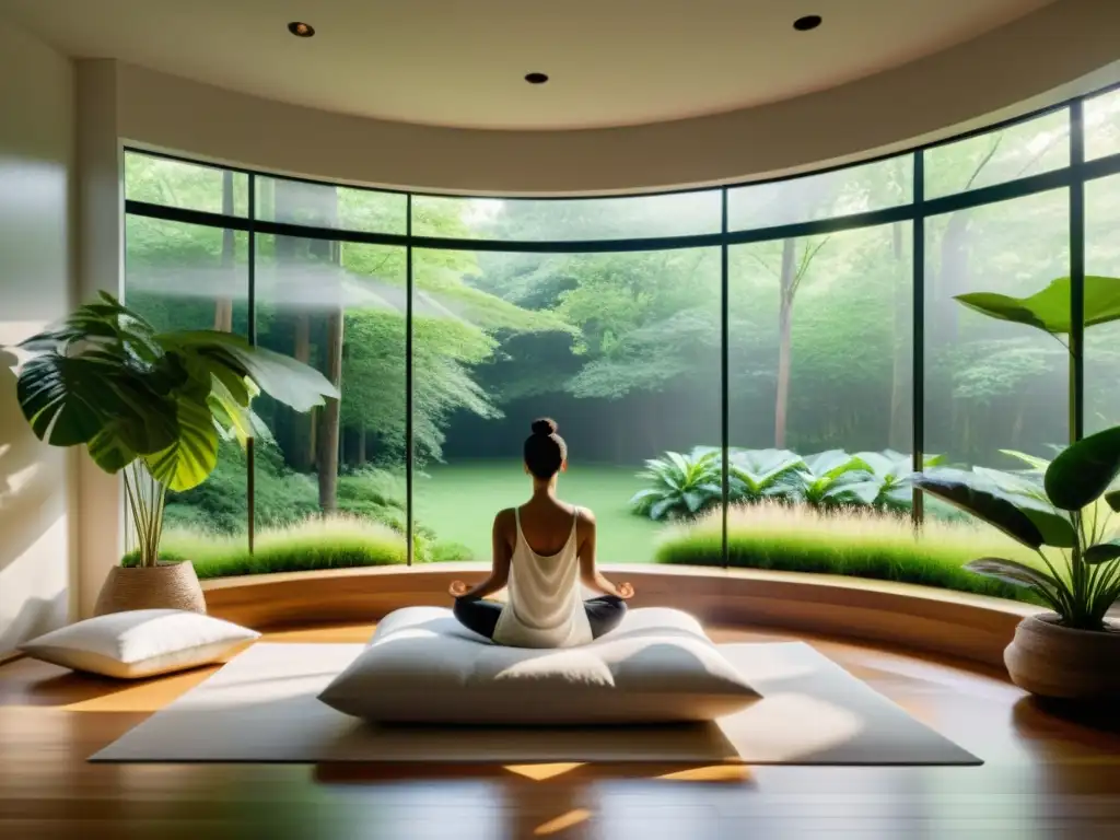 Espacio de meditación en la naturaleza con luz natural Espacio de meditación moderno con vista a un bosque verde exuberante