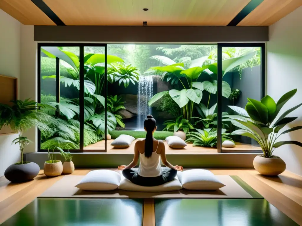 Serenidad en sala de meditación con vista al bosque Espacio de meditación moderno con vista a la naturaleza, equilibrio cuerpo y mente
