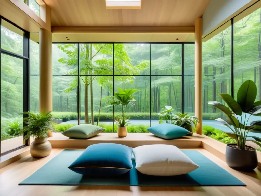 Sala de meditación serena con vistas al bosque Espacio de meditación moderno con vista a la naturaleza