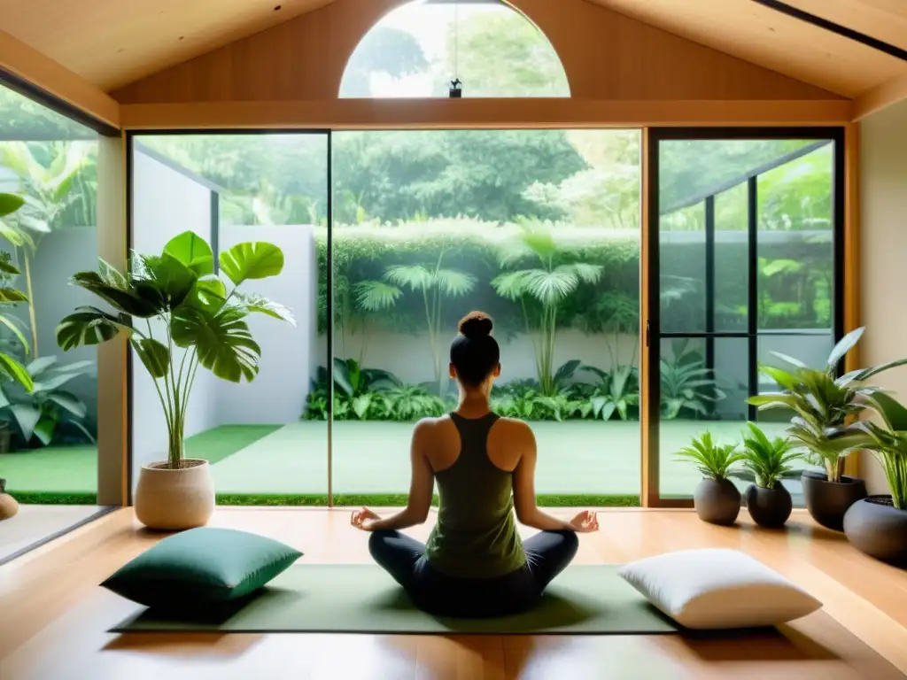 Sala de meditación moderna con vista al jardín Espacio de meditación moderno con vista a jardín, perfecto para aplicaciones de meditación y ciencia