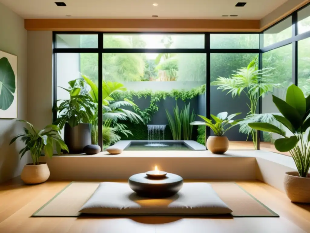 Sala de meditación moderna con vistas al jardín Espacio de meditación moderno con vista a jardín tranquilo