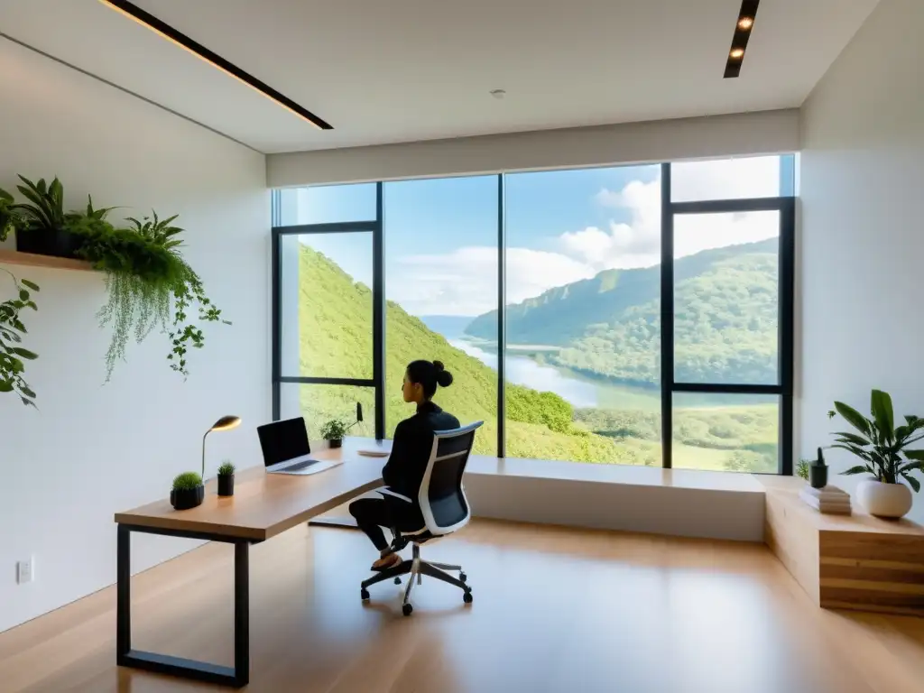 Oficina serena con vista relajante para combatir el estrés Espacio de oficina moderno y sereno con vista a un paisaje natural